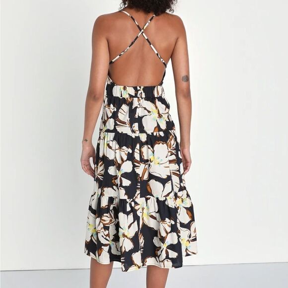 Bound for Bali Black Floral Backless Midi Dress With Pockets - Picture 2 of 4